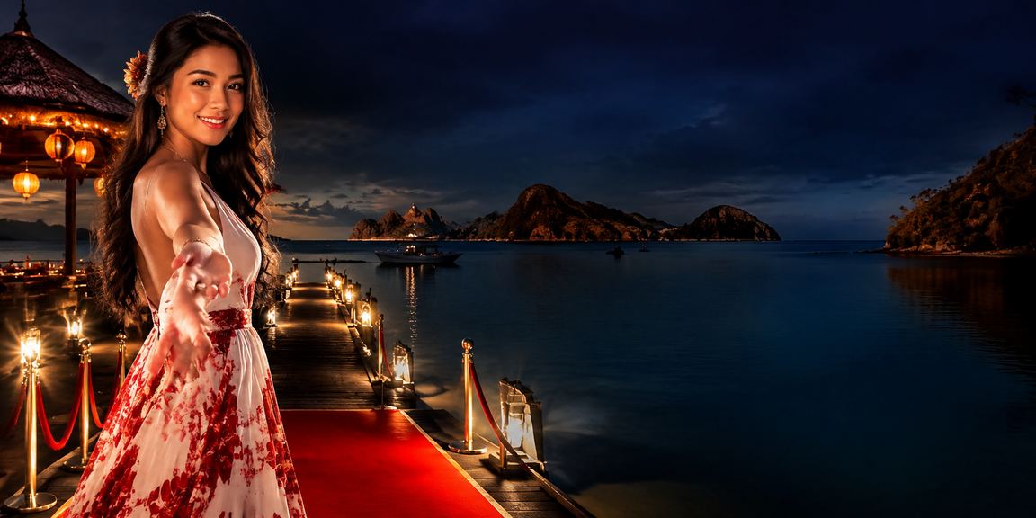 Model wanita menikmati hiburan casino dengan suasana malam yang glamor