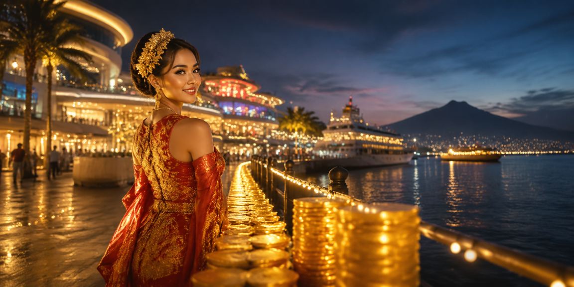 Suasana hiburan casino di tepi pantai saat senja dengan nuansa santai