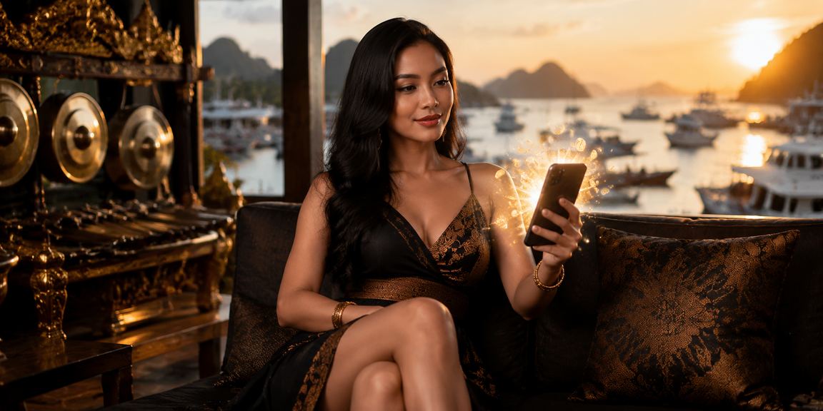 Pengguna memainkan casino mobile dengan smartphone di kafe modern