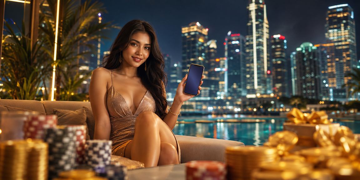 Model wanita menikmati permainan kasino online dengan tampilan mobile yang elegan